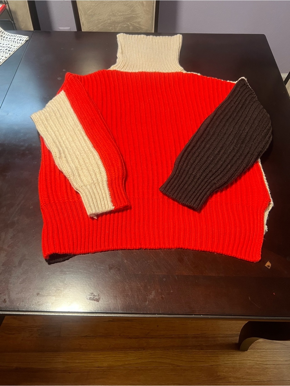 Zara Red Ribbed Colorblock Turtleneck with Cream and Brown Sleeves